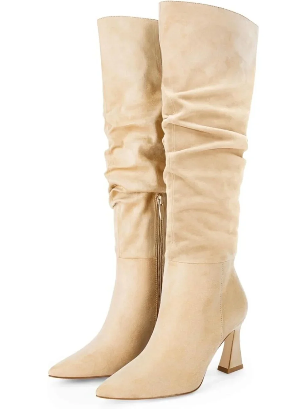 Women's Beige Suede Wide Calf Pointed Toe Side Zipper Slouchy Knee High Boots